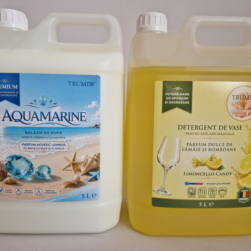 Pachet 2x5L Balsam Rufe Aquamarine si Detergent Vase Limoncello Candy