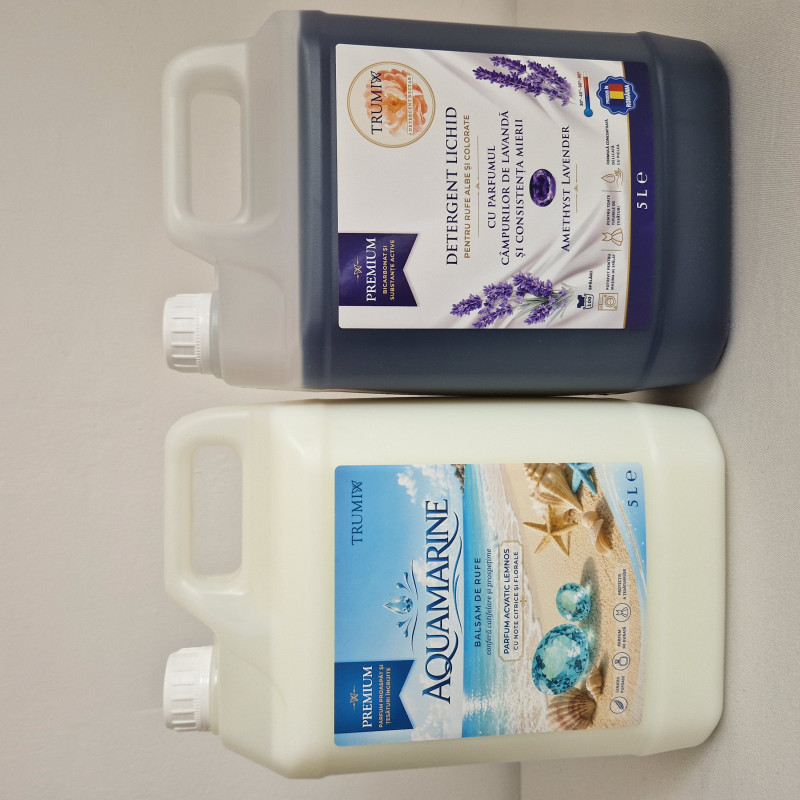 Pachet 2x5L Balsam Rufe AQUAMARINE și Detergent Rufe Amethyst Lavender