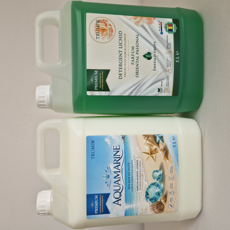 Pachet 2x5L Balsam Rufe AQUAMARINE și Detergent Rufe Emerald Drops