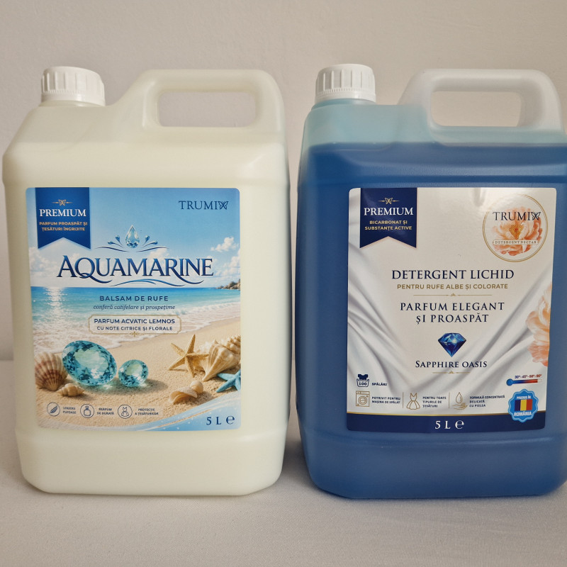 Pachet 2x5L Balsam Rufe AQUAMARINE și Detergent Rufe Sapphire Oasis