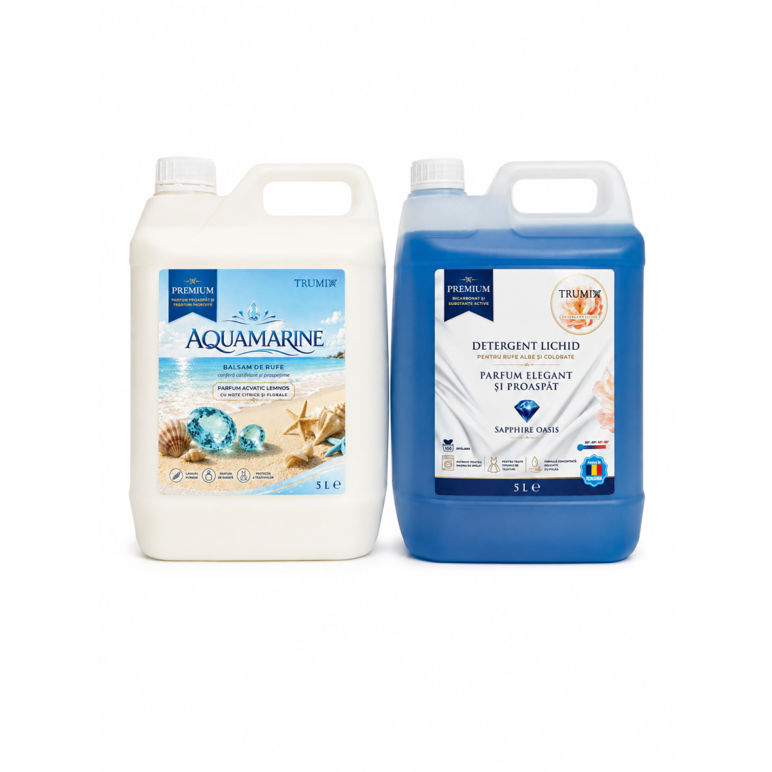 Pachet 2x5L Balsam Rufe AQUAMARINE și Detergent Rufe Sapphire Oasis