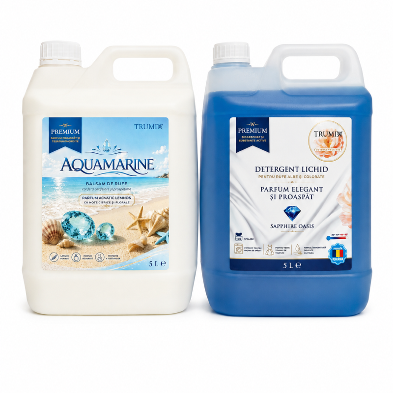 Pachet 2x5L Balsam Rufe AQUAMARINE și Detergent Rufe Sapphire Oasis