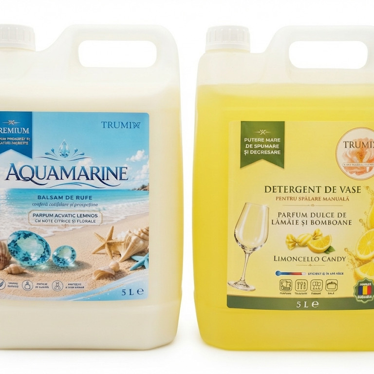 Pachet 2x5L Balsam Rufe Aquamarine si Detergent Vase Limoncello Candy