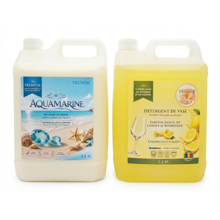 Pachet 2x5L Balsam Rufe Aquamarine si Detergent Vase Limoncello Candy