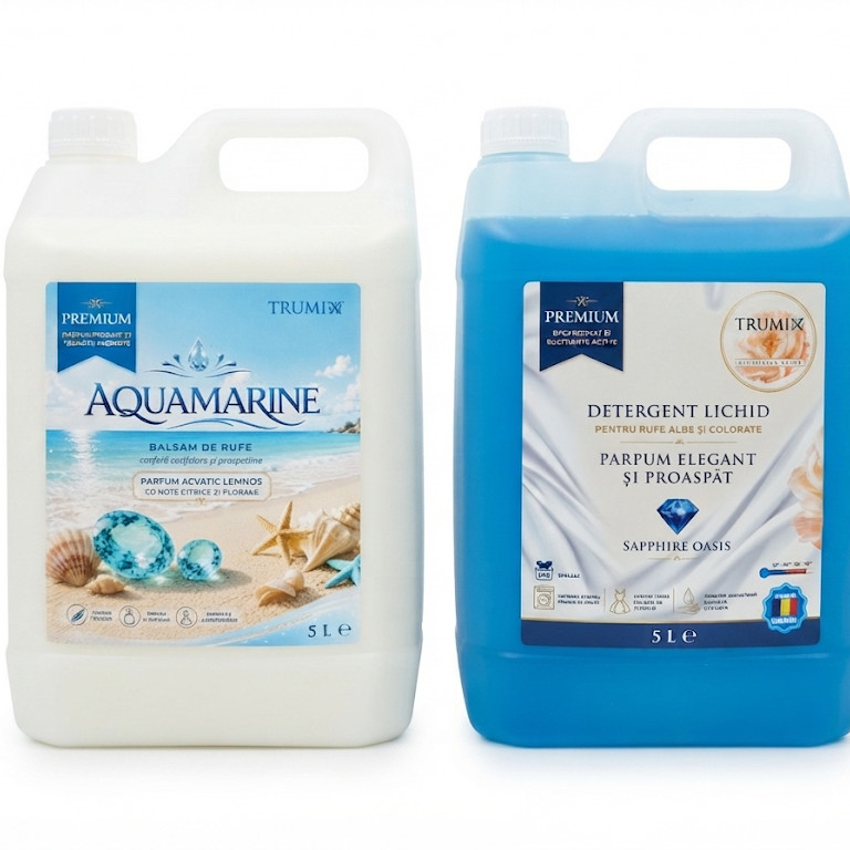 Pachet 2x5L Balsam Rufe AQUAMARINE și Detergent Rufe Sapphire Oasis