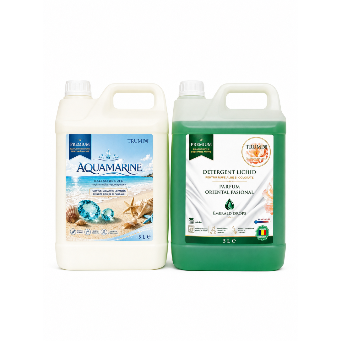 Pachet 2x5L Balsam Rufe AQUAMARINE și Detergent Rufe Emerald Drops