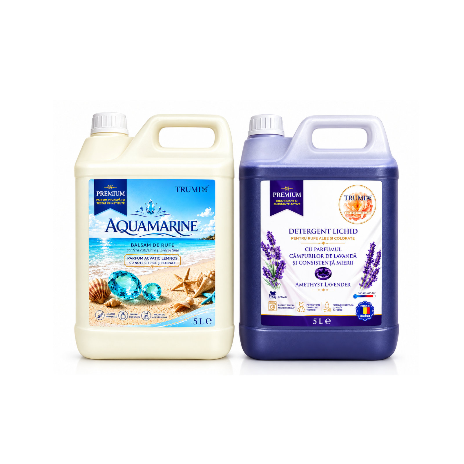 Pachet 2x5L Balsam Rufe AQUAMARINE și Detergent Rufe Amethyst Lavender