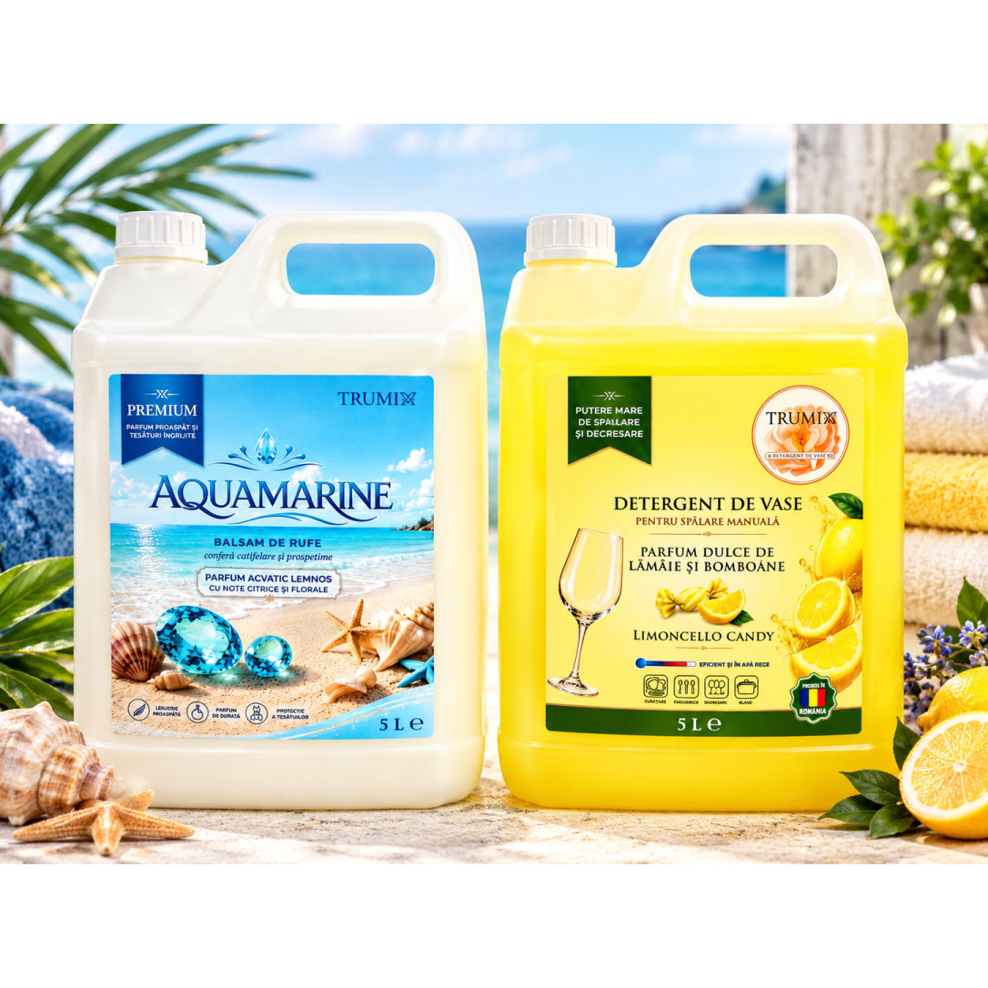 Pachet 2x5L Balsam Rufe Aquamarine si Detergent Vase Limoncello Candy