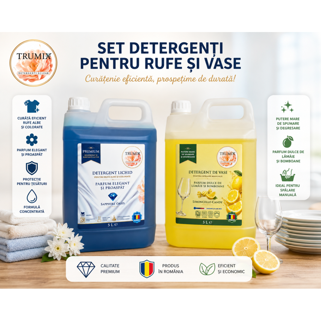 Pachet 2x5L Detergent Rufe Sapphire Oasis si Detergent Vase Limoncello Candy